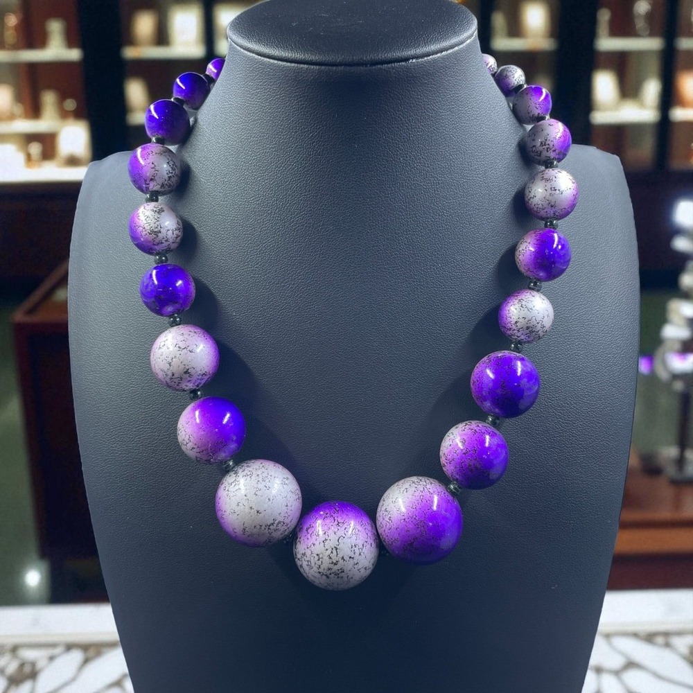 Vintage Chunky Purple Gray Marbled Beaded Statement Necklace‎ Y2K Goth Bold 21"